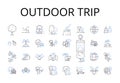 Outdoor trip line icons collection. Beach vacation, Mountain hike, Forest trek, City escape, Road trip, Camping