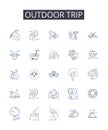 Outdoor trip line icons collection. Beach vacation, Mountain hike, Forest trek, City escape, Road trip, Camping Royalty Free Stock Photo