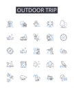 Outdoor trip line icons collection. Beach vacation, Mountain hike, Forest trek, City escape, Road trip, Camping Royalty Free Stock Photo