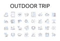 Outdoor trip line icons collection. Beach vacation, Mountain hike, Forest trek, City escape, Road trip, Camping