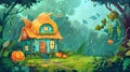 An outdoor tropic fairytale adventure with a rainy forest and a tree house game cartoon design. Synthetic rain in spring Royalty Free Stock Photo