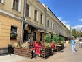 Moscow, Russia, August, 16, 2023. Outdoor veranda of bar Kolbasa on Zabelina Street Royalty Free Stock Photo