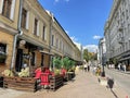 Moscow, Russia, August, 16, 2023. Outdoor veranda of bar Kolbasa on Zabelina Street in the historical center Royalty Free Stock Photo