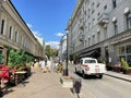 Moscow, Russia, August, 16, 2023. Outdoor veranda of bar Kolbasa on Zabelina Street in the historical center Royalty Free Stock Photo