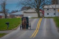 Outdoor view of Amish horse and carriage travels on a road in Lancaster County