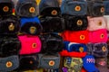 Outdoor view of assorted Russian winter hats made from rabbit fur, located in a store in the streets of Moscow
