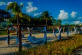 Outdoor view of beautiful huts located along the beach in PLaya del Carmen at Caribbean Sea in Mexico, this resort area Royalty Free Stock Photo