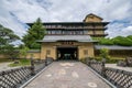 Outdoor view of the building and garden with dry rock in Kosenkaku Hotel, a traditional luxury hot spring hotel in Arima Onsen, Ja