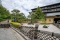 Outdoor view of the building and garden with dry rock in Kosenkaku Hotel, a traditional luxury hot spring hotel in Arima Onsen, Ja