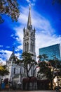 Outdoor view of a church with blue skies in downtown Houston, Texas, USA Royalty Free Stock Photo