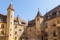 Outdoor View of Colorful Classic Castle Exteriors Walls and Windows. Royalty Free Stock Photo