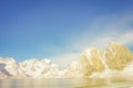 Outdoor view of mountain peaks covered with snow during winter in gorgeous blue sky Olenilsoya in Reine, Lofoten Islands Royalty Free Stock Photo