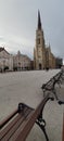 Outdoor view of the Name of Mary Catholic Church in Novi Sad, Serbia during winter