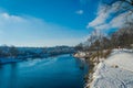 Outdoor view of the river Nidelva, with some buildings along the river in the Norwegian city trondheim in the winter Royalty Free Stock Photo