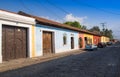 Outdoor view of stoned street with some old building houses and the historic city Antigua is UNESCO World Heritage Site
