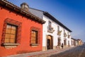 Outdoor view of stoned street with some old building houses and the historic city Antigua is UNESCO World Heritage Site