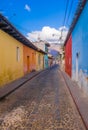 Outdoor view of stoned street view of Antigua Guatemala, the historic city Antigua is UNESCO World Heritage Site since