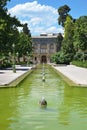 Outdoor view of Talar-e-Salam building in Golestan Palace with garden in Tehran, Iran