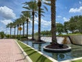 An outdoor view of a water feature at a mall with a line of palm trees