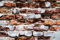Outdoor Vintage Brickwall With Damaged Plaster. Grungy Stone Wall Rectangular Surface. Old Grungy Brickwork Horizontal Texture