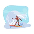 Outdoor Water Sports Action. African american man Surfing with Surfboard on Big Wave Royalty Free Stock Photo