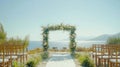 Wedding Arch with Flowers and Chairs by the Sea, Outdoor Ceremony Setup Royalty Free Stock Photo