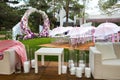 Outdoor wedding ceremony with umbrellas in the forest Royalty Free Stock Photo