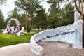 Outdoor wedding ceremony with umbrellas in the forest Royalty Free Stock Photo