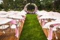 Outdoor wedding ceremony with umbrellas in the forest Royalty Free Stock Photo