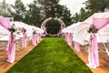 Outdoor wedding ceremony with umbrellas in the forest Royalty Free Stock Photo