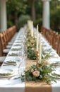Outdoor wedding table decor ready for reception. Table setting includes candles. Flowers, elegant tableware create formal dining Royalty Free Stock Photo