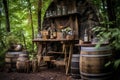 outdoor whisky bar setup with rustic wooden elements