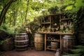 outdoor whisky bar setup with rustic wooden elements