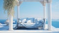 Outdoor white daybed next to the pool, in the style of seascapes, light sky-blue and light