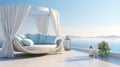 Outdoor white daybed next to the pool, in the style of seascapes, light sky-blue and light