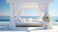 Outdoor white daybed next to the pool, in the style of seascapes, light sky-blue and light