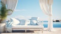 Outdoor white daybed next to the pool, in the style of seascapes, light sky-blue and light