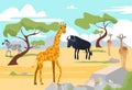 Outdoor wildland savannah landscape, africa wildlife animal giraffe, buffalo and zebra nature reserve park flat vector