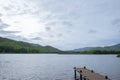 Outdoor wood bridge and nature water lake with blue sky, relaxation calm pier horizon reflection sun cloud scenic vacation, Royalty Free Stock Photo