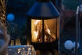 Outdoor wood stove with burning open fire