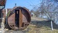 Outdoor wooden barrel sauna. Mobile bath in the form of a wooden barrel. Finnish SPA, relax holidays .Relax concepts Royalty Free Stock Photo