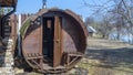 Outdoor wooden barrel sauna. Mobile bath in the form of a wooden barrel. Finnish SPA, relax holidays .Relax concepts. Royalty Free Stock Photo