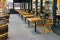 Outdoor furniture in the on-site restaurant, tables and chairs Royalty Free Stock Photo