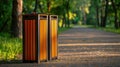 Outdoor wooden recycling bins for waste sorting in parks. Efficient garbage disposal solution