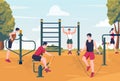 Outdoor workout group. People running and stretching, fitness athletes doing exercises in park, cartoon gym scene with barbells Royalty Free Stock Photo