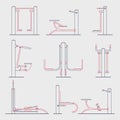 Set of outdoor gym machine. Workout park constructor. Line art style. Fitness street equipment. Outdoor workout elements