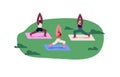 Outdoor yoga class. Girls exercising, training in nature, standing in Warrior asana, pose. Women group workout, fitness