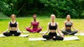 Outdoor yoga class. Group of diverse girls doing breathing exercises or meditation in nature Royalty Free Stock Photo