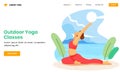 Outdoor Yoga Classes Based Landing Page Design with Illustration of Young Woman Doing Yoga in Ashwa Sanchalanasana Royalty Free Stock Photo