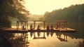 Outdoor yoga classes. Practicing yoga by the lake